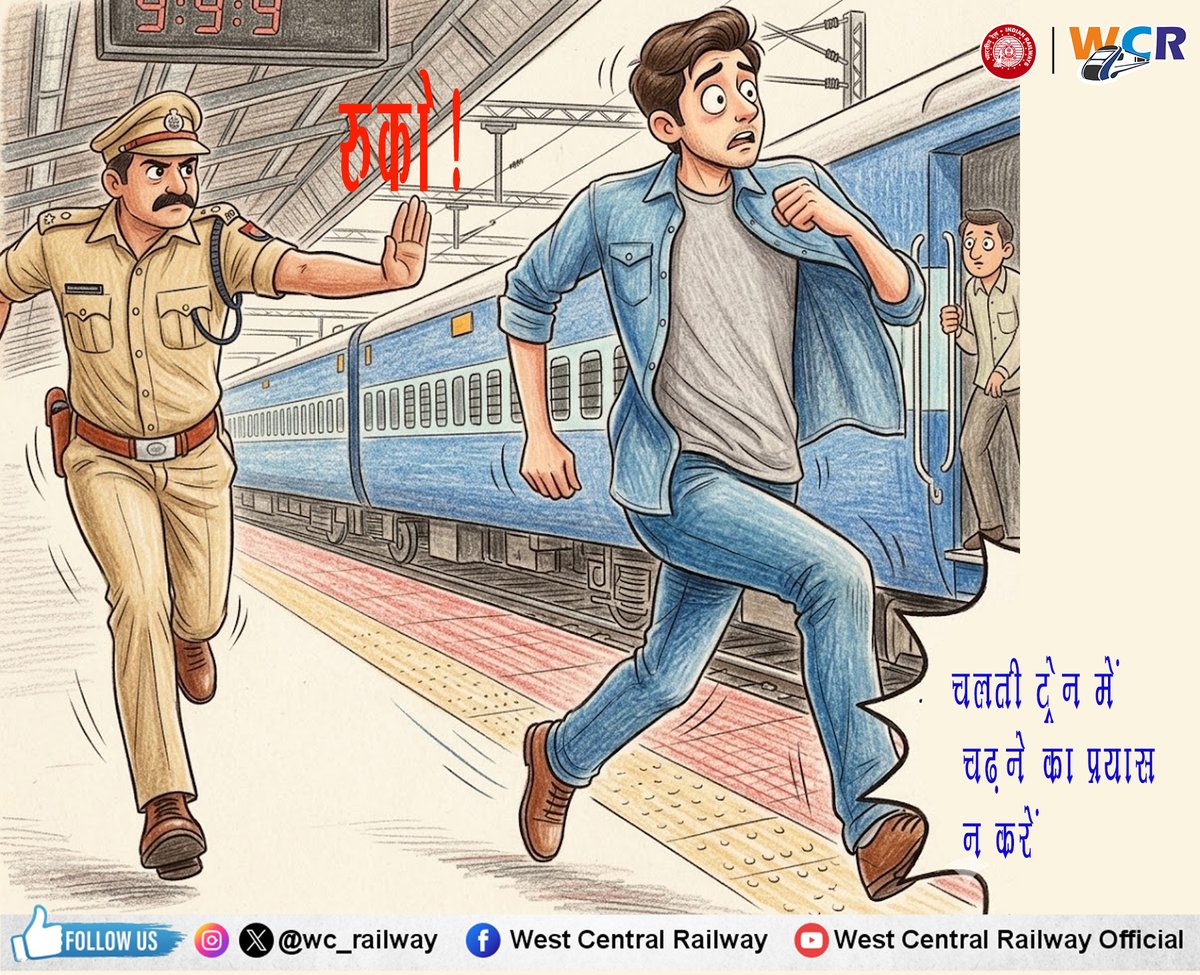 drmkota's tweet image. आपकी सुरक्षा आपके हाथ में है चलती ट्रेन में चढ़ने/उतरने का प्रयास न करें, ट्रेन रुकने का इंतजार करें। #SafeJourney #IndianRailways
@wc_railway