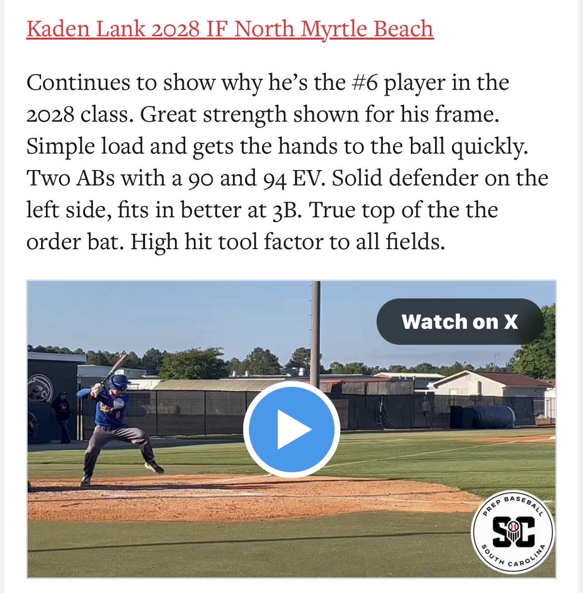 kadenlank_2028's tweet photo. Thank you @PrepBaseball_SC for the write up! 
@BenConnor9 
@BlendrofGr8ness 
@Brendougherty 
@PanthersProgram 
@NMBAthletics https://t.co/4NfBLpO4DO