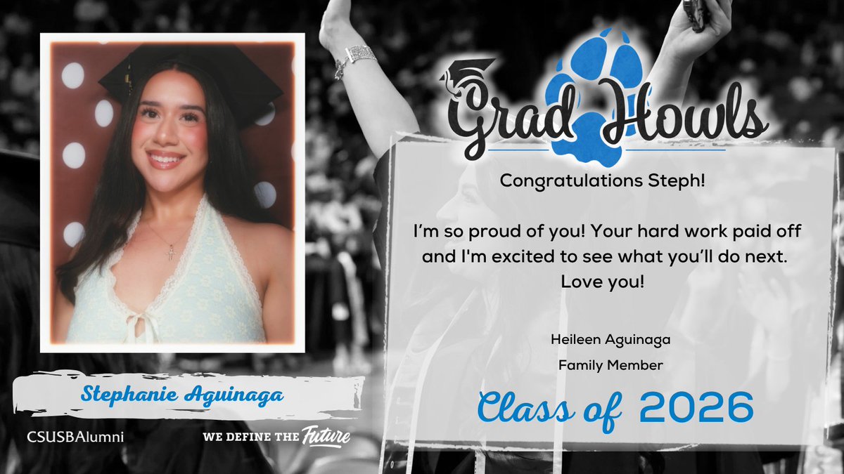 CSUSBAlumni's tweet image. Today we’re celebrating our graduating Coyotes and all they’ve accomplished 🎓💙 Drop some love in the comments 🐾
#CSUSBAlumni #CSUSB #GradHowls26