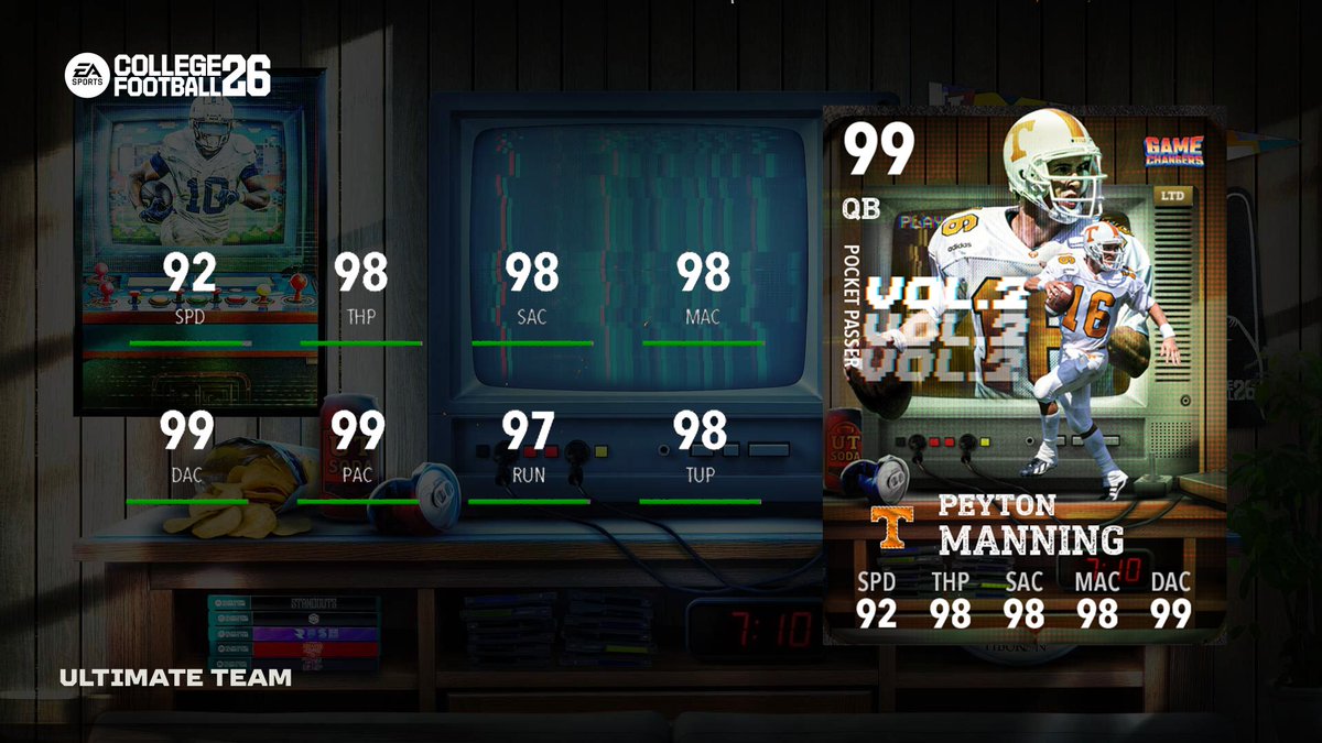 EASPORTS_CUT's tweet image. Game Changers V2 Vol. 2 brings another dynamic quartet of stars to #CFB26 tomorrow 🎮

Peyton Manning | @Vol_Football 
Tommie Harris | @OU_Football 
Junior Vandeross III | @ToledoFB 
Devon Marshall | @PackFootball