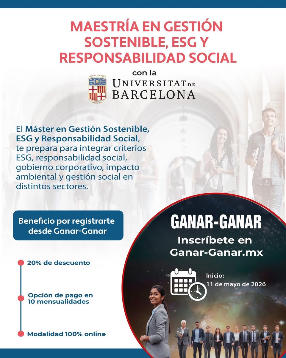 KLAUSGERMANPH's tweet image. El Máster Internacional en #GestiónSostenible, #ESG y #ResponsabilidadSocial, de la @UniBarcelona inicia pronto.

Las personas referenciadas por #GanarGanar podrán acceder a 20% de descuento y consultar la posibilidad de pago en 10 mensualidades: ganar-ganar.mx/master-interna…