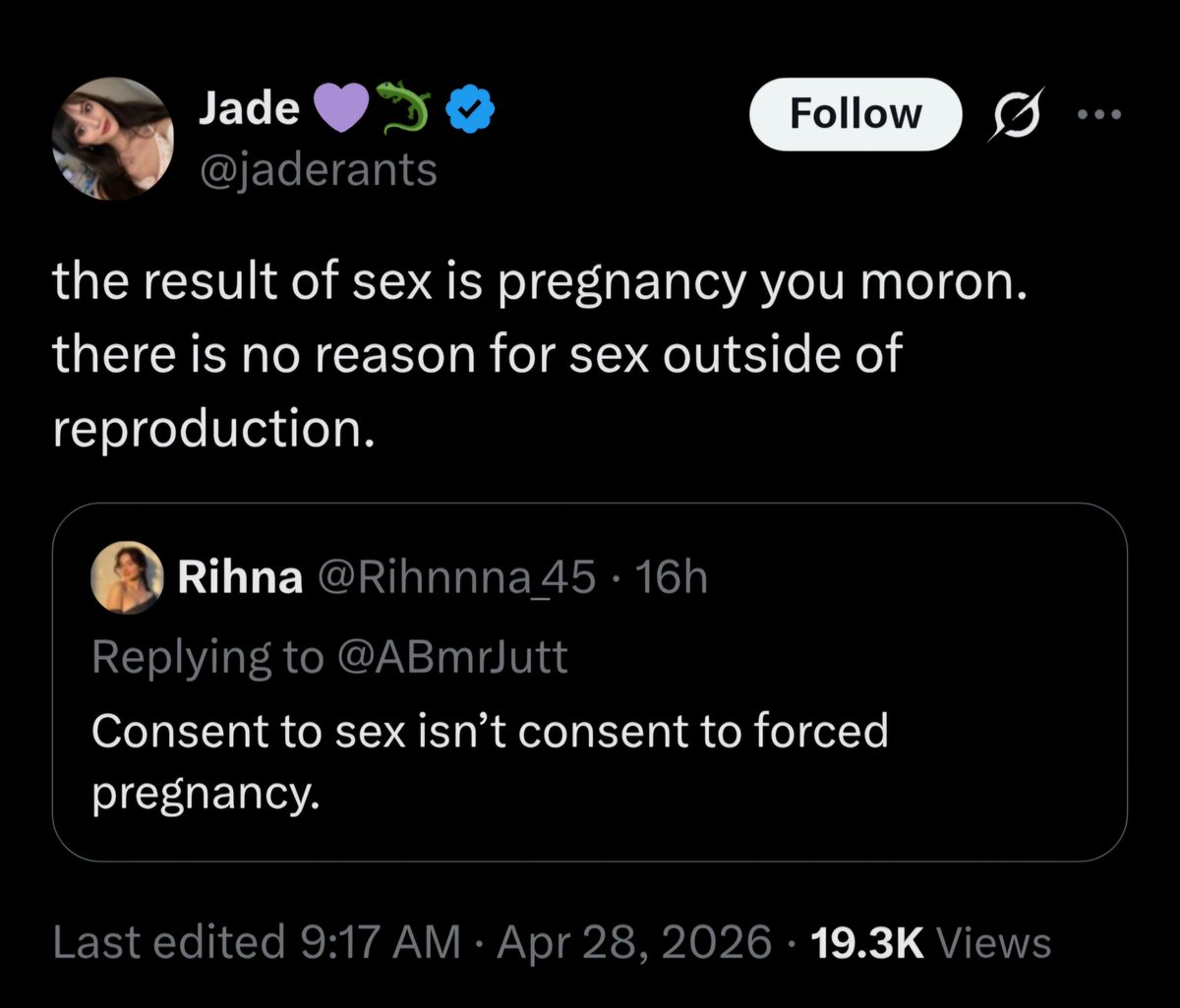 People are free to choose to only have sex for the purpose trying to get pregnant. But no one else is obligated to do the same. 

Having sex for an orgasm is a perfectly good reason to have sex &amp; is consent to only sex.