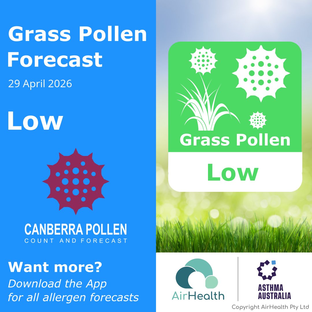 CanberraPollen's tweet image. Grass pollen levels in Canberra are Low today (Wednesday, Apr 29). Check out more forecasts on our App: airhealth.short.gy/canberra_pollen #grass

Powered by AirHealth, supported by @AsthmaAustralia.