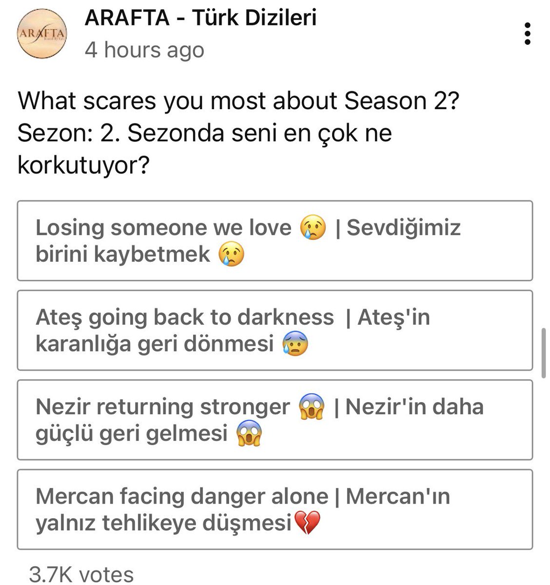 See I think They’re just trying to hype us up. One post is about asli coming back (I heard the actress has other projects so she cant come), then nezir getting stronger, then nezir dying #arafta