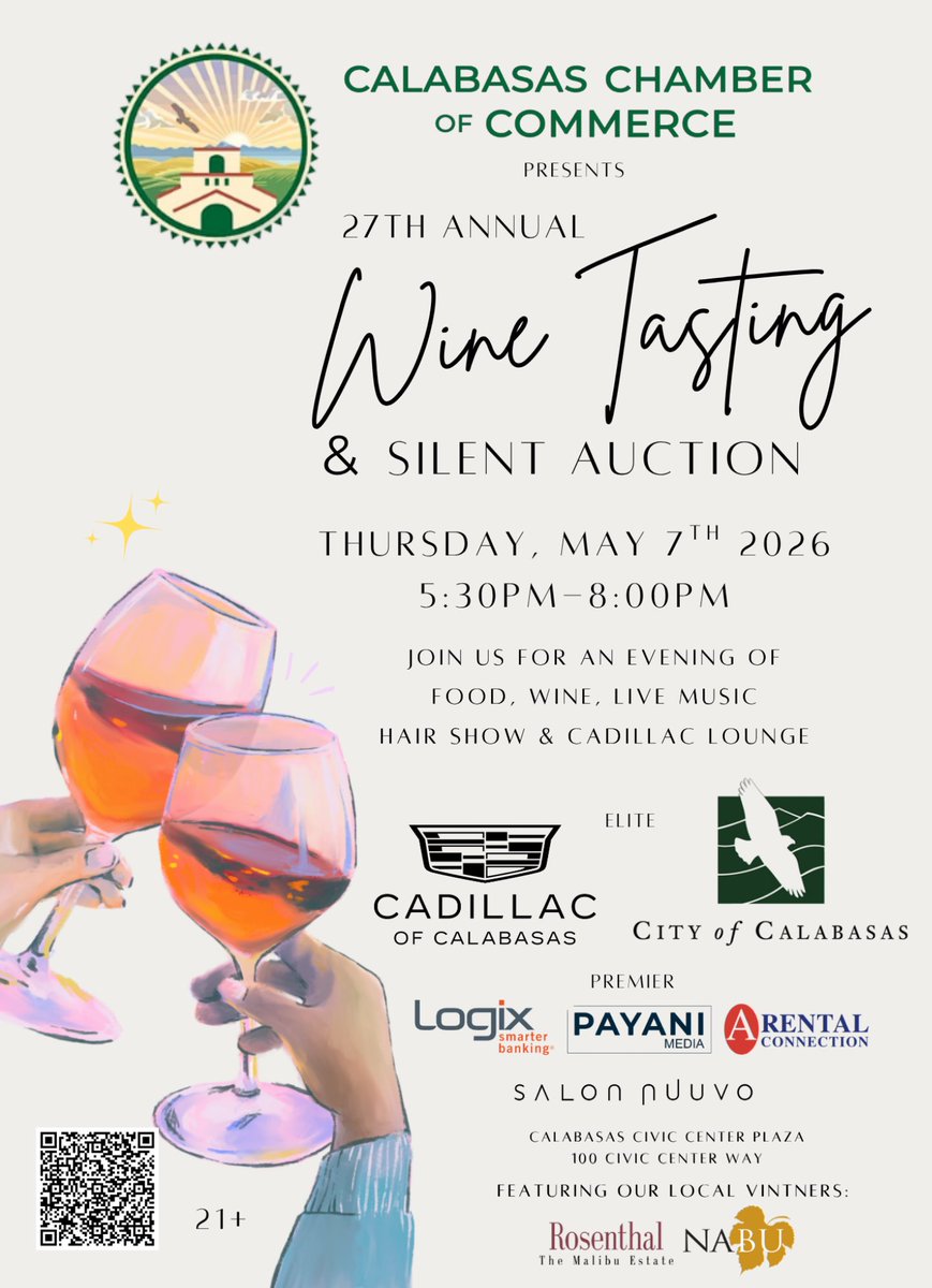 CalabChamber's tweet image. A fun-filled evening is ahead next Thursday at our 27th Annual Calabasas Wine Tasting &amp;amp; Silent Auction!🍷

Thank you to our Elite Sponsors! We’re so grateful for you!

ELITE
🌟 @CalabasasCaddy 
🌟 @CityofCalabasas 

Register at CalabasasChamber.com

#Calabasas #Wine #Sponsors