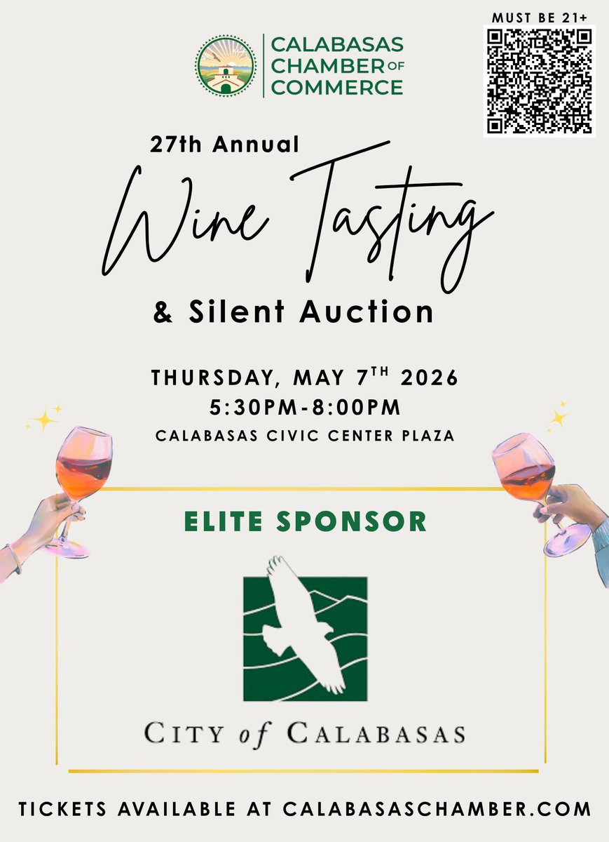 CalabChamber's tweet image. A fun-filled evening is ahead next Thursday at our 27th Annual Calabasas Wine Tasting &amp;amp; Silent Auction!🍷

Thank you to our Elite Sponsors! We’re so grateful for you!

ELITE
🌟 @CalabasasCaddy 
🌟 @CityofCalabasas 

Register at CalabasasChamber.com

#Calabasas #Wine #Sponsors