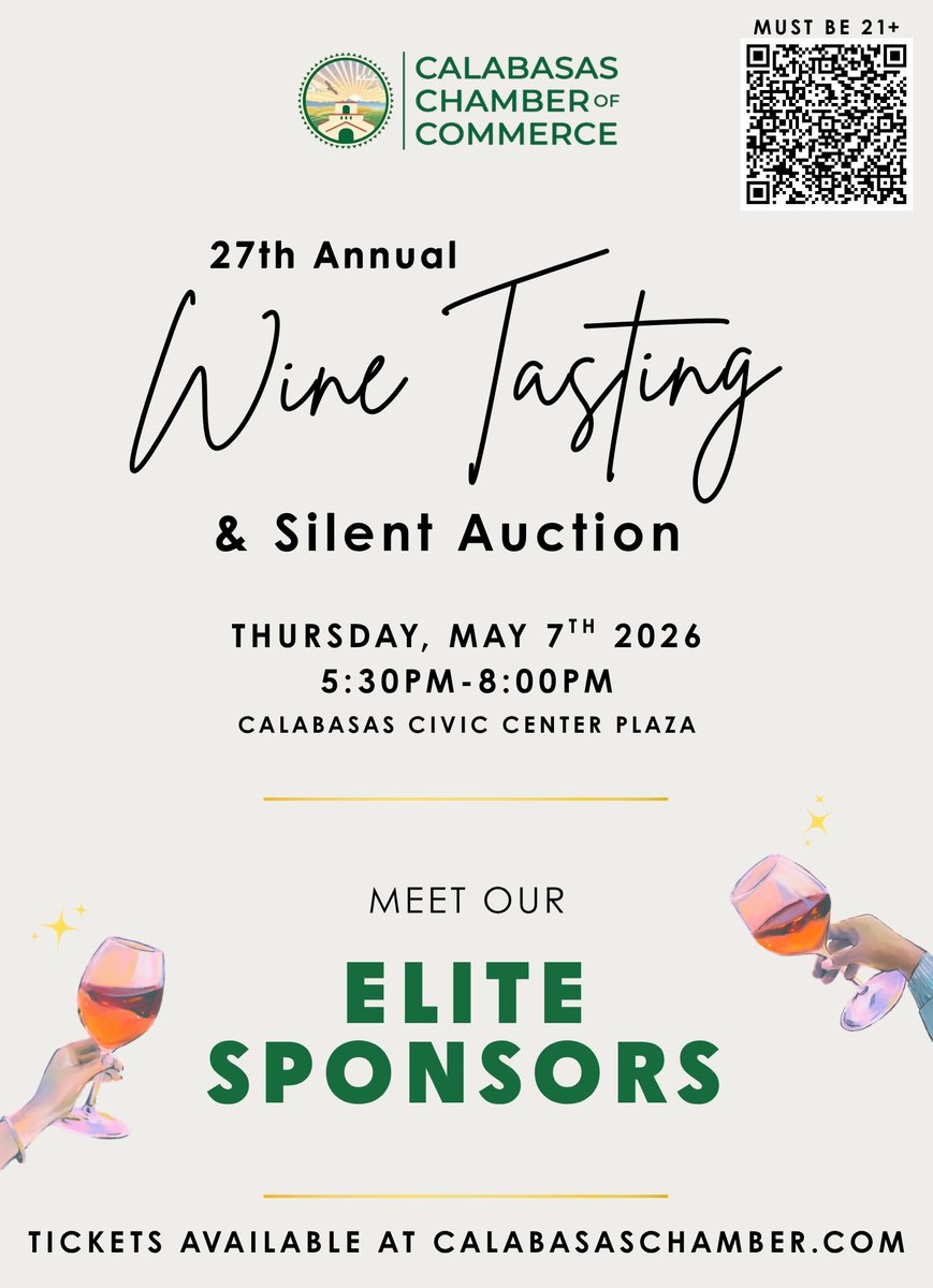 CalabChamber's tweet image. A fun-filled evening is ahead next Thursday at our 27th Annual Calabasas Wine Tasting &amp;amp; Silent Auction!🍷

Thank you to our Elite Sponsors! We’re so grateful for you!

ELITE
🌟 @CalabasasCaddy 
🌟 @CityofCalabasas 

Register at CalabasasChamber.com

#Calabasas #Wine #Sponsors