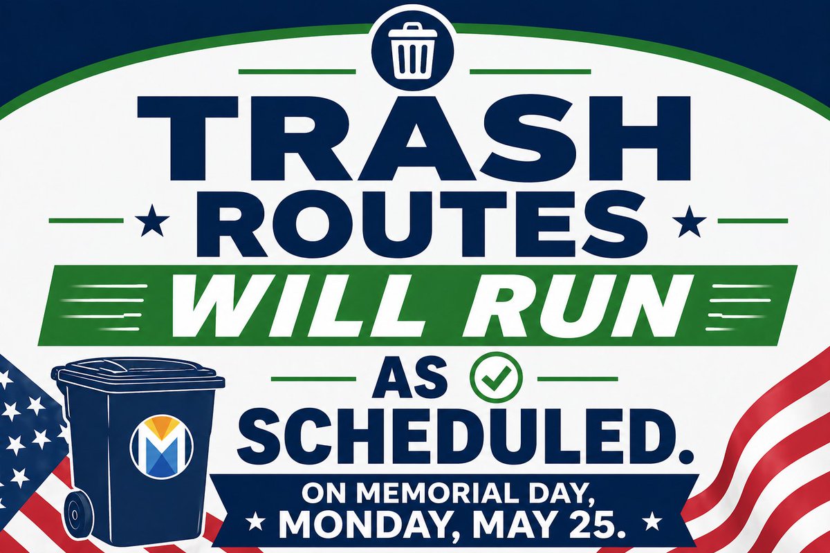CityofMuskogee's tweet photo. City offices will be closed on Monday, May 25, in observance of Memorial Day.

Trash routes WILL run as scheduled.

The Recycle Drop-off Center will also be closed. https://t.co/aoR6BRdlUv