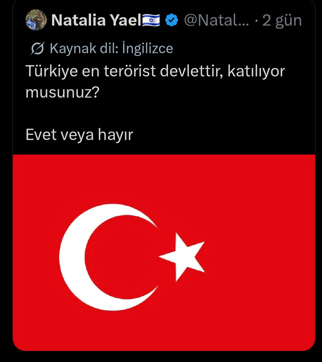 adempalabiyik_'s tweet photo. Şuna (@Natalia_yael4) cevap verelim !!!
Her paylaşım bir tokat olsun !!!

İsrail (🇮🇱) terörist devlettir. Katılıyor musunuz?

Evet veya hayır 
#standwithgaza https://t.co/VwEnN0YuUH
