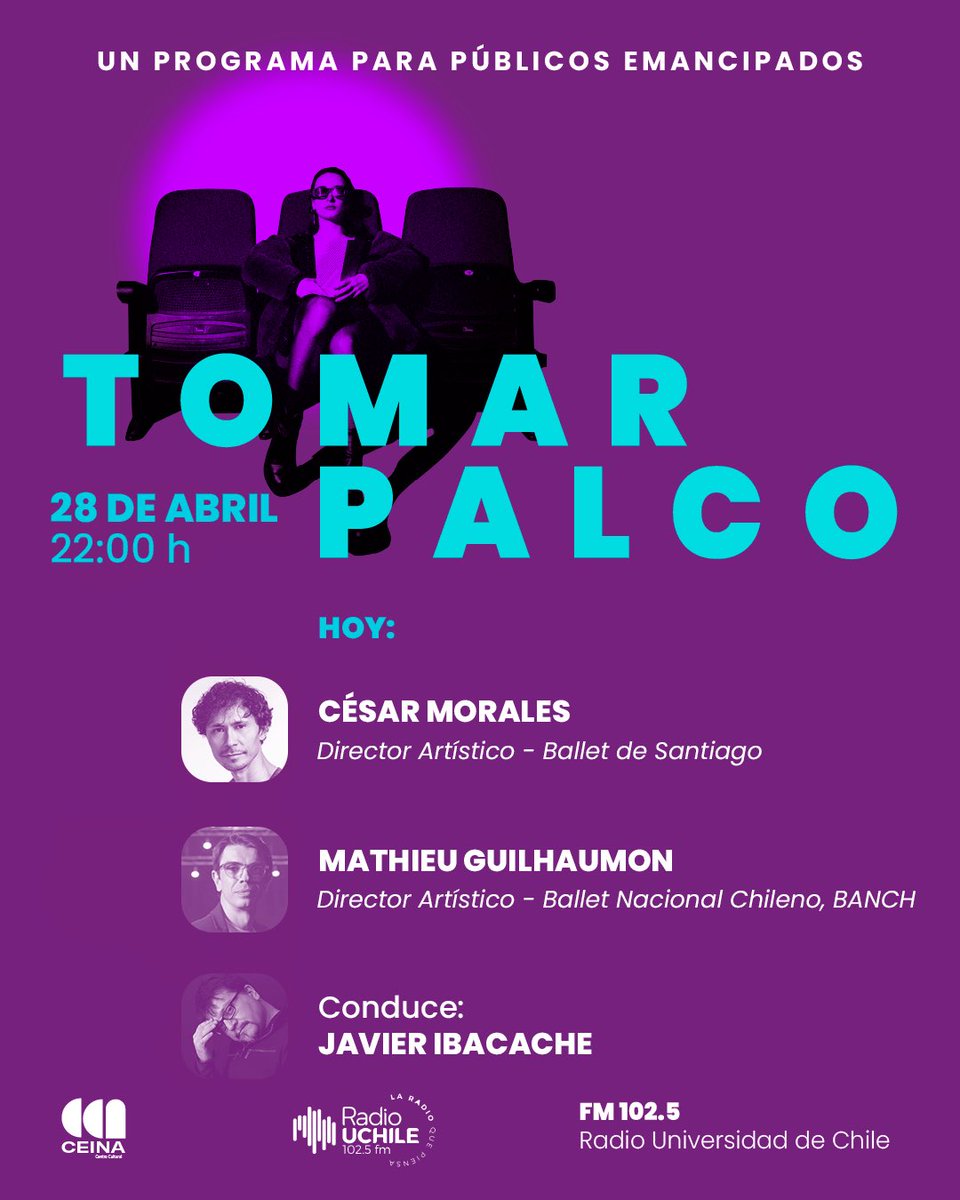 Ibacache's tweet photo. Esta noche en Tomar Palco 📻 🎙️
Edición especial a propósito del Día Internacional de la Danza 🩰 
Con César Morales (director artístico del Ballet de Santiago) y Mathieu Guilhaumon (director artístico del Ballet Nacional Chileno, Banch).
Desde las 22h a través de @uchileradio https://t.co/yjHjPhgcq9