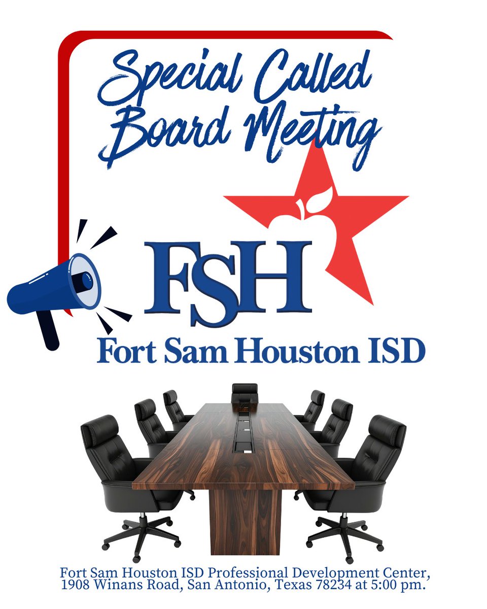 FSHISD's tweet photo. Special Called Board Meeting Friendly Reminder:

The Fort Sam Houston ISD Board of Trustees will hold a Special Called meeting on Wednesday, April 29th, in the Fort Sam Houston ISD Professional Development Center, 1908 Winans Road, San Antonio, Texas 78234 at 5:00 pm. https://t.co/Iwrx2O6Ayj