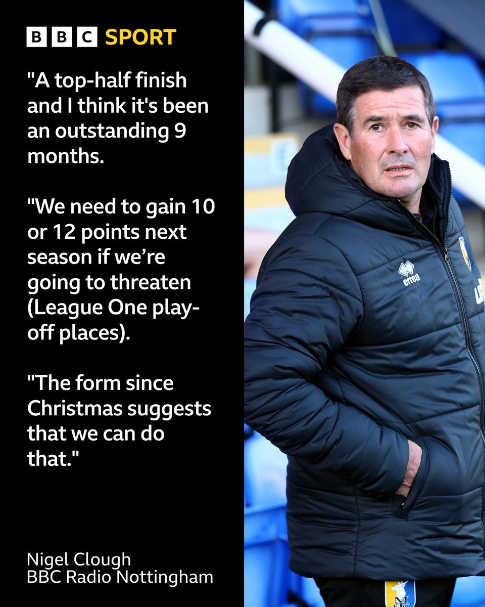 BBCRNS's tweet image. 🟠Mansfield Town Manager Nigel Clough says #stags' form since Christmas suggests they could challenge for a play-off place in League One next season after their 0-0 draw at Peterborough tonight.

🔗Listen to his interview with Jake Garner: bbc.co.uk/programmes/p0n…

📸: Dan