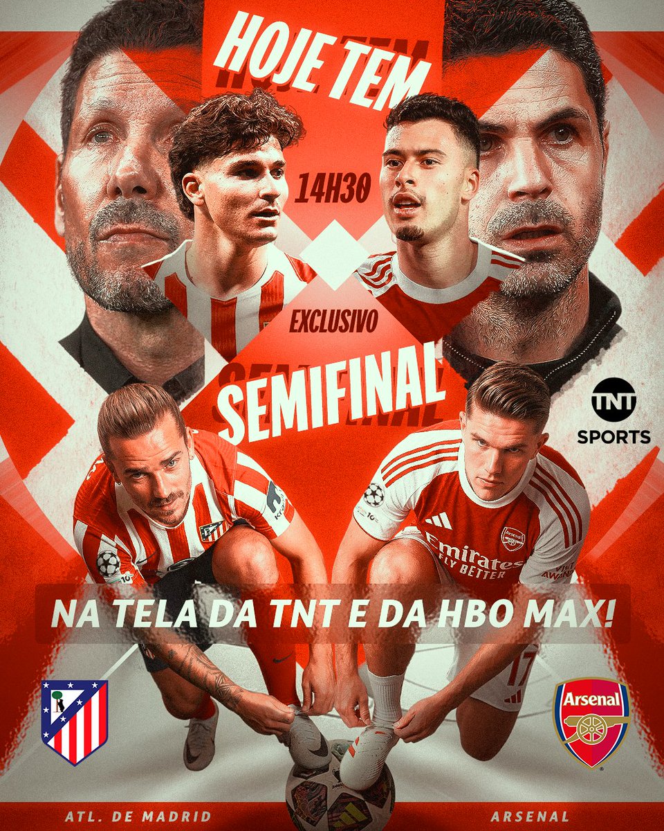 TNTSportsBR's tweet image. Hoje tem mais um JOGAÇO pela semifinal da #CasaDaChampions! 🏆 A partir das 14h30 tem Atlético de Madrid x Arsenal ao vivo e com exclusividade na tela da @TNTbr e da @StreamMaxBR (bit.ly/4ojz64N)! #MFM #HBOMax #PréJogo