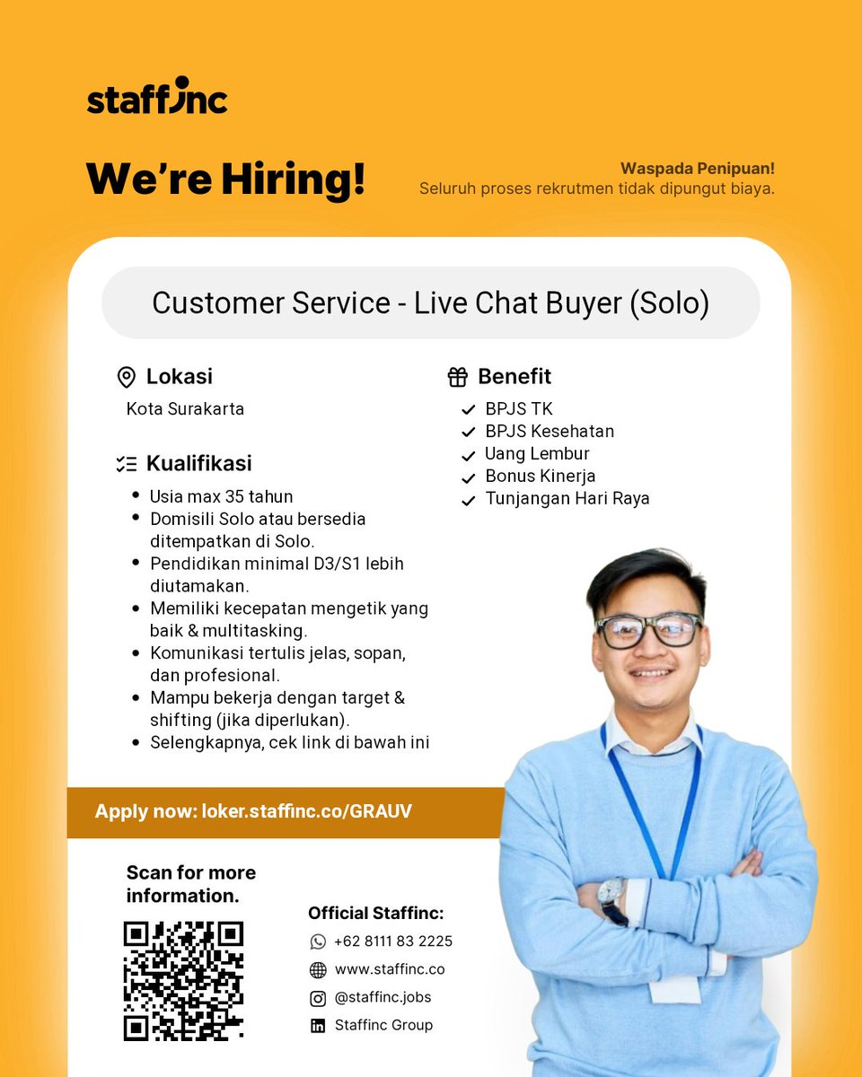 petalsflutter's tweet photo. Dear all,
Staffinc Group membuka lowongan Customer Service - Live Chat Buyer penempatan Solo.
📍 Surakarta
💼 Kontrak
💰 Rp2,6–2,65 jt
🎁 BPJS, lembur, bonus, THR
Link: https://t.co/prbCi10G6c

#infoloker #lokerupdate #lokerCS #lokerSolo #staffinc https://t.co/edxDE5kFKL