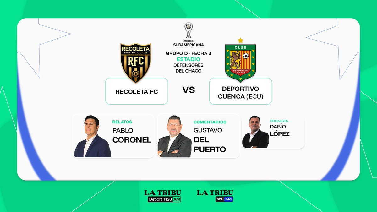 #SuperDeport con otra fecha de torneo internacional!⚽️

📻Sumate a la transmisión de los partidos de este domingo por la #1120AM:

✅19:00 #Libertad 🆚 #IndependienteDelValle
✅21:30 #Recoleta 🆚 #DeportivoCuenca

🎙️Coordinación: <a href="/DarioColman98/">Darío</a>.

🔴Youtube:
