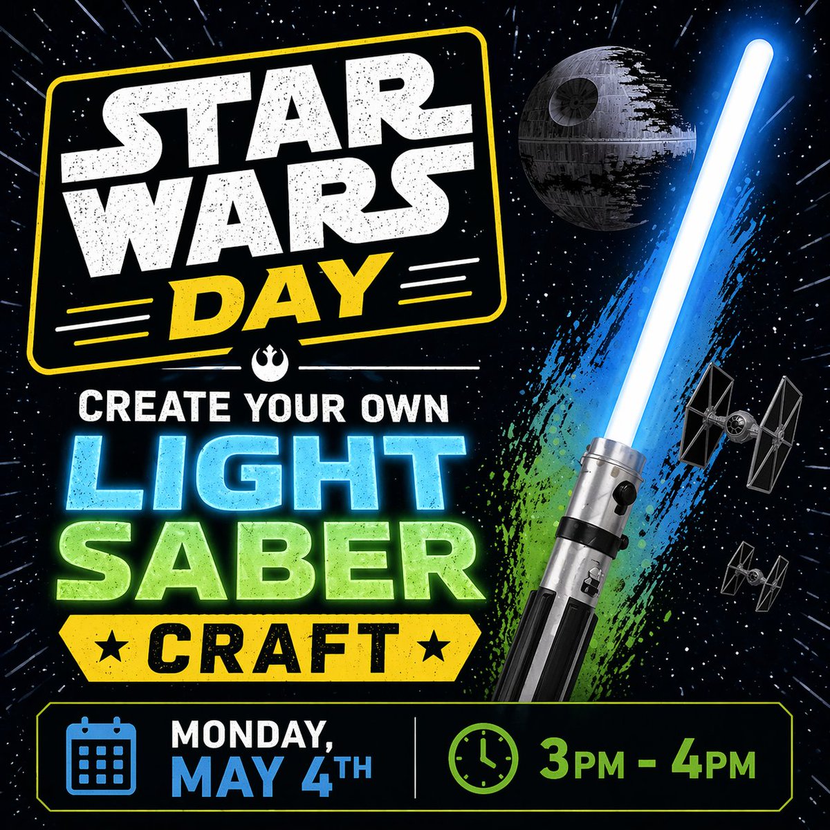 carsoncitylib's tweet image. ✨ May the 4th be with you! ✨
Join us for a galactic craft and create your very own lightsaber!

🗓 Monday, May 4th
⏰ 3–4 PM
🚀 Perfect for young Jedi and families!

#StarWarsDay #MayThe4thBeWithYou #CarsonCityLibrary #FamilyFun #LibraryPrograms
