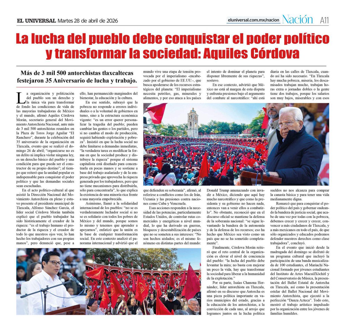 Les comparto desde <a href="/El_Universal_Mx/">El Universal</a>
, “La lucha del pueblo debe conquistar el poder político y transformar la sociedad” <a href="/AquilesCordova/">Ing. Aquiles Córdova Morán</a>.

<a href="/AntorchaOficial/">Movimiento Antorchista Nacional</a> <a href="/antorchaedomx/">Antorcha Edomex</a> <a href="/MovAntorchaTex/">Antorcha Texcoco</a>