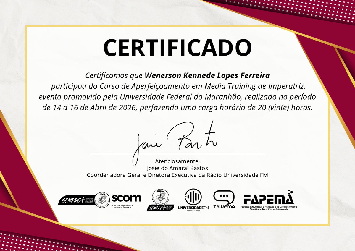 kenlopesjor's tweet photo. Concluí o Curso de Aperfeiçoamento em Media Training! 🎯

Uma experiência incrível para fortalecer minha comunicação e posicionamento profissional.

Agradeço à @UFMAoficial e à @fapema_maranhao  pela oportunidade! https://t.co/4Pr2H8GzTS