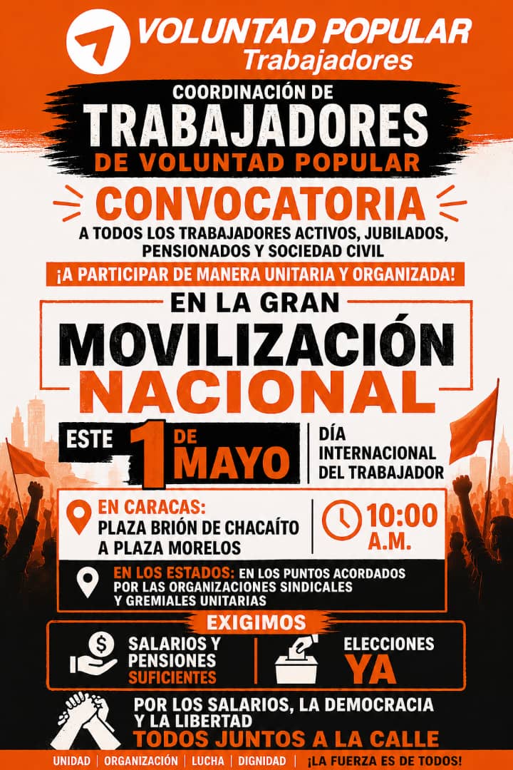 Cada día se hace  insostenible mantener lo más básico en vzla . 
El #01DeMayo  trabajadores, sindicatos , gremios y sociedad social unidos por  el aumento salarial no más bono de miseria.!
<a href="/cotravp/">Coordinación Nacional de Trabajadores VP</a> <a href="/Sharo1412/">Ana Rosario Contreras</a> <a href="/VoluntadPopular/">Voluntad Popular</a> <a href="/rolandcarreno/">Roland Carreño</a> <a href="/freddysuperlano/">Freddy Superlano</a> <a href="/VP_FALCON/">VpFalcon</a> <a href="/VPZulia/">VP Zulia</a>