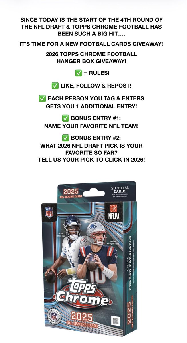 TresorSports's tweet image. #GiveawayAlert

🚨It’s Still Going🚨

2025 #Topps #Chrome #NFL #Football Hanger #Giveaway!
 
✅ LIKE, FOLLOW &amp;amp; REPOST
✅ RESPOND IN 12 HOURS

BONUS ENTRY #4
✅ Name Your Favorite Member
Of The #ProFootballHOF 🏈

#SportsCards #thehobby #FootballCards #TradingCards #ToppsFootball