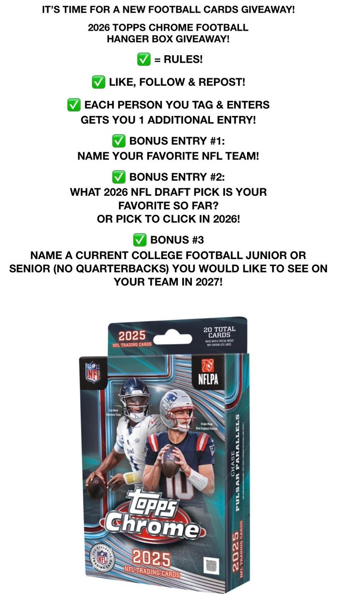 TresorSports's tweet image. #GiveawayAlert

🚨It’s Still Going🚨

2025 #Topps #Chrome #NFL #Football Hanger #Giveaway!
 
✅ LIKE, FOLLOW &amp;amp; REPOST
✅ RESPOND IN 12 HOURS

BONUS ENTRY #4
✅ Name Your Favorite Member
Of The #ProFootballHOF 🏈

#SportsCards #thehobby #FootballCards #TradingCards #ToppsFootball
