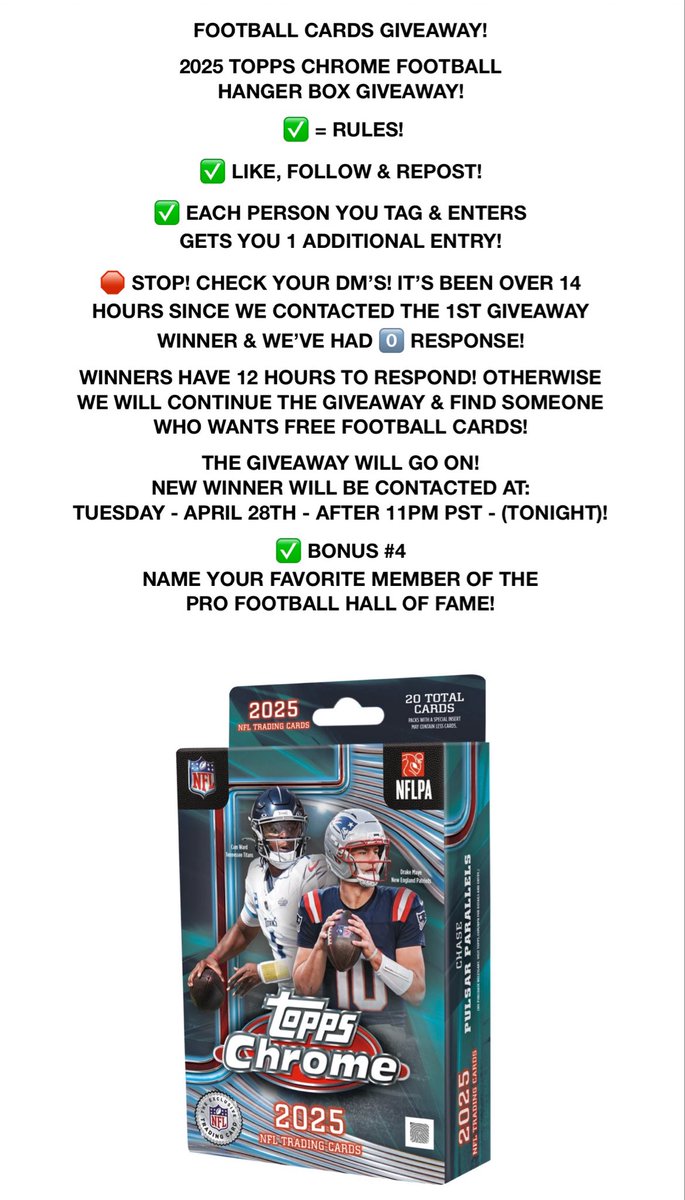 TresorSports's tweet image. #GiveawayAlert

🚨It’s Still Going🚨

2025 #Topps #Chrome #NFL #Football Hanger #Giveaway!
 
✅ LIKE, FOLLOW &amp;amp; REPOST
✅ RESPOND IN 12 HOURS

BONUS ENTRY #4
✅ Name Your Favorite Member
Of The #ProFootballHOF 🏈

#SportsCards #thehobby #FootballCards #TradingCards #ToppsFootball