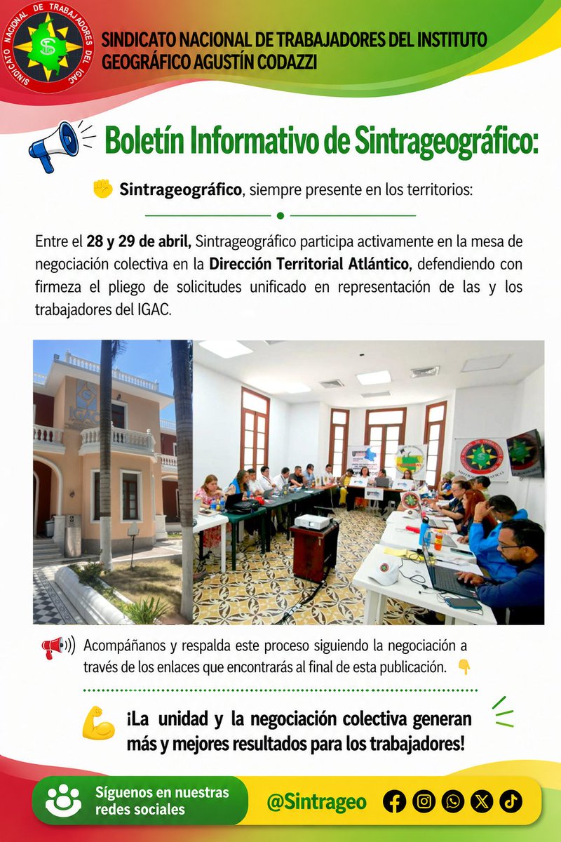 Sintrageo's tweet photo. La unidad nos fortalece: Sintrageográfico en #negociación #colectiva los días 28 y 29 de abril de 2026 en la Dirección Territorial Atlántico del IGAC. 💪🏻✊🏻🫱🏻‍🫲🏾
#sindicato #nacional #trabajadores #IGAC https://t.co/bexlfZC3k6