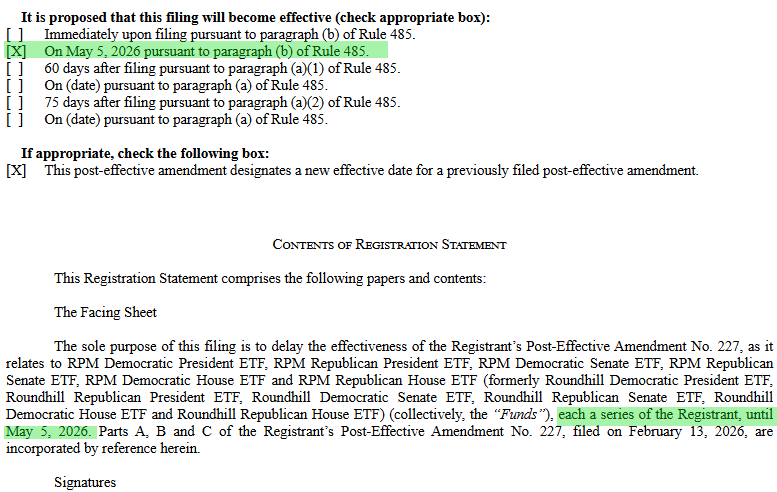 JSeyff's tweet photo. NEW: Looks like we are going to see prediction markets ETFs launch next week. @roundhill filing just hit for an effective date of 5/5. These first prediction markets etfs will be bets on dems or republicans owning the House or Senate. h/t @Todd_Sohn https://t.co/hPJ0bSdMQI
