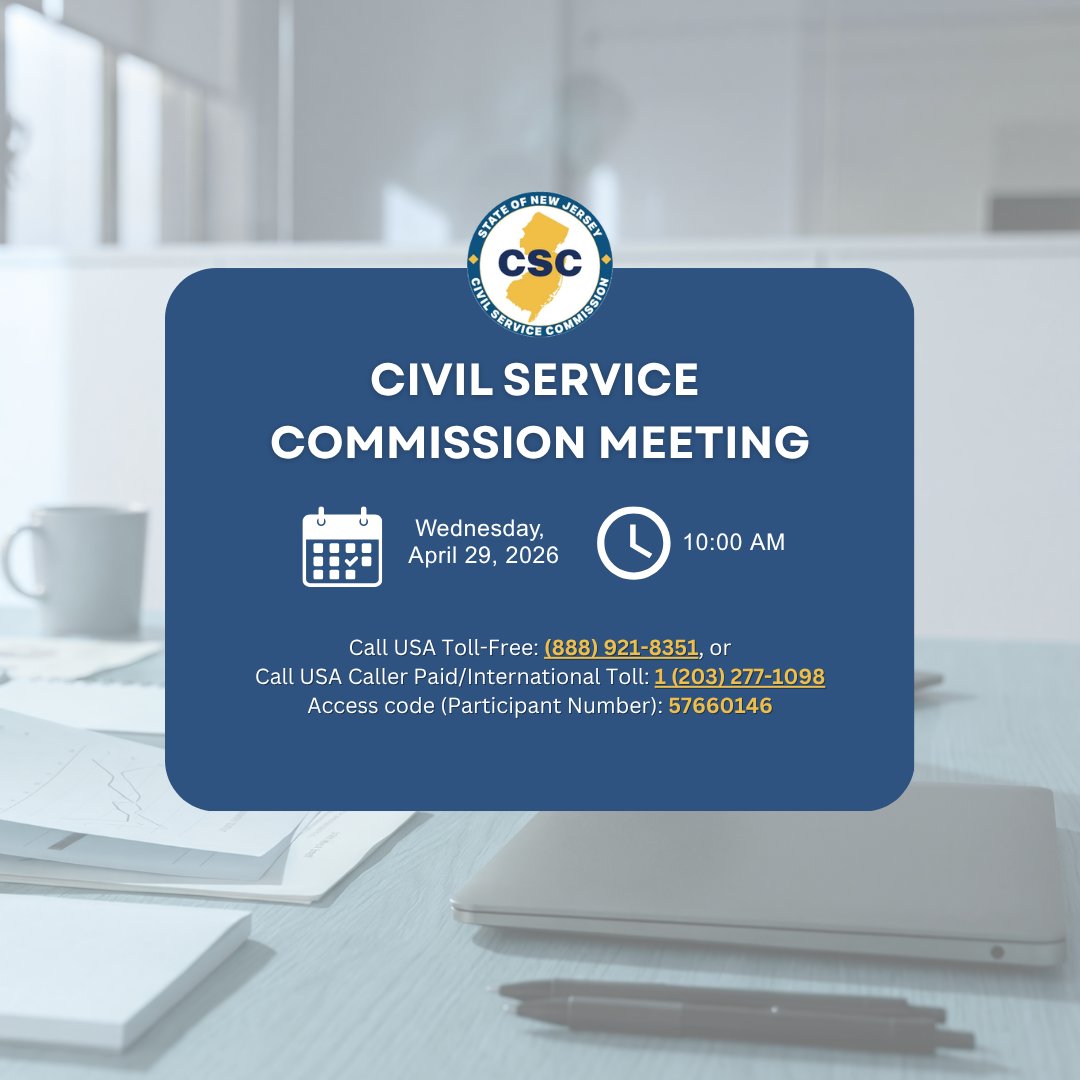 NJCivilService's tweet photo. The next Civil Service Commission meeting is scheduled for Wednesday, April 29, 2026, at 10:00 AM.

- View the agenda here: https://t.co/njMTVQLnp1

- Visit https://t.co/OawawO3jx2 for more information https://t.co/1zJSVoOMaj