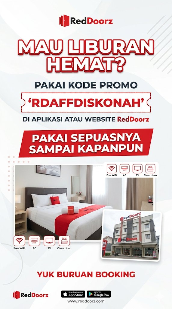 AdzhaCo's tweet image. Staycation makin hemat pakai kode promo RDAFFDISKONAH di aplikasi RedDoorz! 🏨✨
Nikmati tambahan diskon yang bisa kamu pakai berkali-kali sampai puas. Cus, booking hotel buat liburan nanti! 💸
#RedDoorz #Jakarta #Bandung #Surabaya #Jogja #Bali #Medan #Semarang