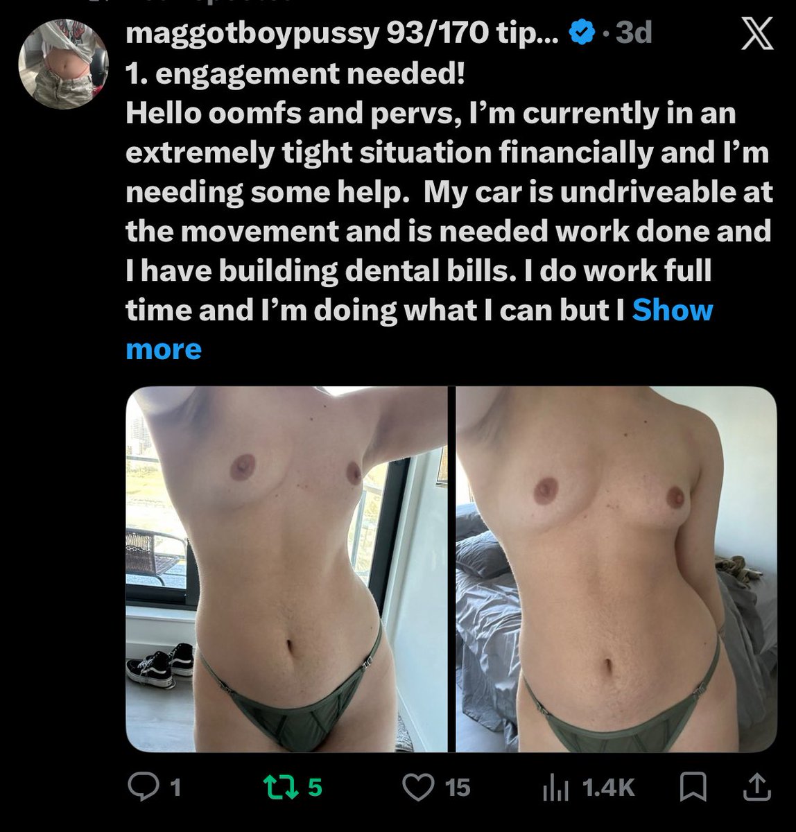 puppyboybrains's tweet photo. hey gang. I’m in a genuinely extremely dark spot and comparing the views vs the captions it’s pretty hurtful watching my followers not even try to engage when I ask for help. I’ll be deleting my long form content and no longer doing anything but short promos from now on. https://t.co/fv4hwyoCpq