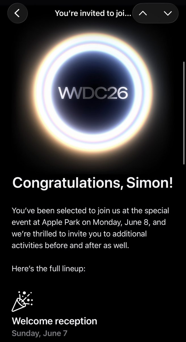 scanniza's tweet photo. Heading to WWDC 2026 🎉

I’ll be in San Francisco / South Bay June 5–11 after getting lucky in the ticket lottery.

I’m also looking to meet people building cool things in the Bay Area, always up for a coffee or a beer.

If you’re around (or know someone I should meet), shout! https://t.co/uOrLdW5yU3