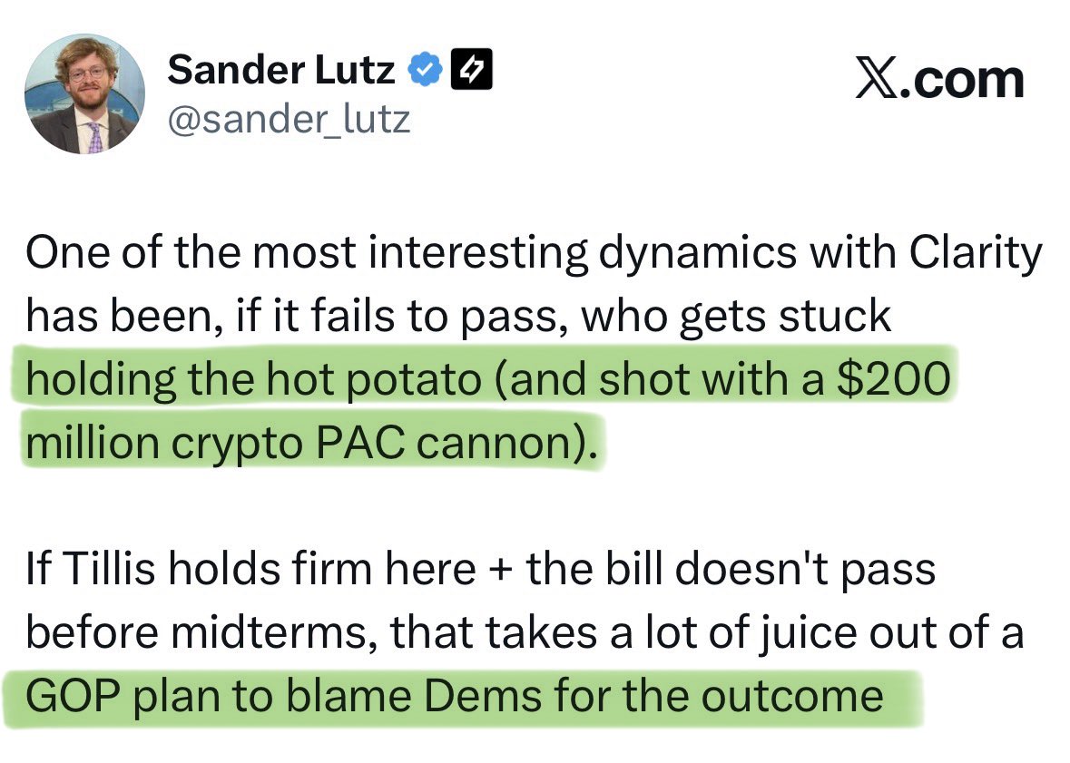 🚨If CLARITY Act Gets BLOCKED By Republican Tillis, GOP Won’t Be Able To BLAME Dems — And Could Face The $200 MILLION Crypto PAC Cannon 😳🇺🇸🔥

If Senator <a href="/SenThomTillis/">Senator Thom Tillis</a> continues his objections and the CLARITY Act FAILS before midterms…

👉 Republicans may NOT be able to BLAME