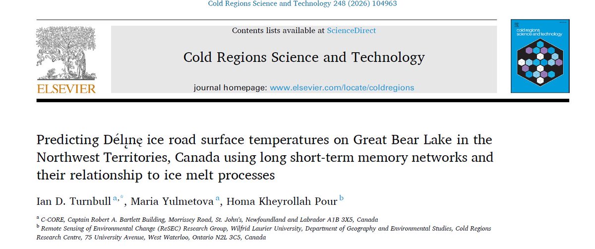 ReSEC_WLU's tweet photo. PAPER ALERT: our new #ReSECLab study published in collaboration with @ccore1975 at the Cold Regions Science and Technology journal, developed a new AI tool that helps predict the safety of northern ice roads. Read the news and the article here https://t.co/40jHytHJ1r https://t.co/QwrZJbTB7o