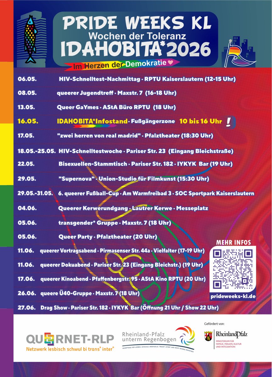 🌈 #PrideWeeksKL 🏳️‍⚧️ #WochenDerToleranz ⚧️ #IDAHOBITA* 2026 🏳️‍🌈

#Vielfaltleben 
#ImHerzenDerDemokratie <a href="/may17org/">may17</a> 

❤️🧡💛💚💙💜

prideweeks-kl.de 
facebook.com/prideweekkl

Mit freundlicher Unterstützung von @queernetrlp  , Rlp unterm Regenbogen , #mfffki
 #Kaiserslautern
