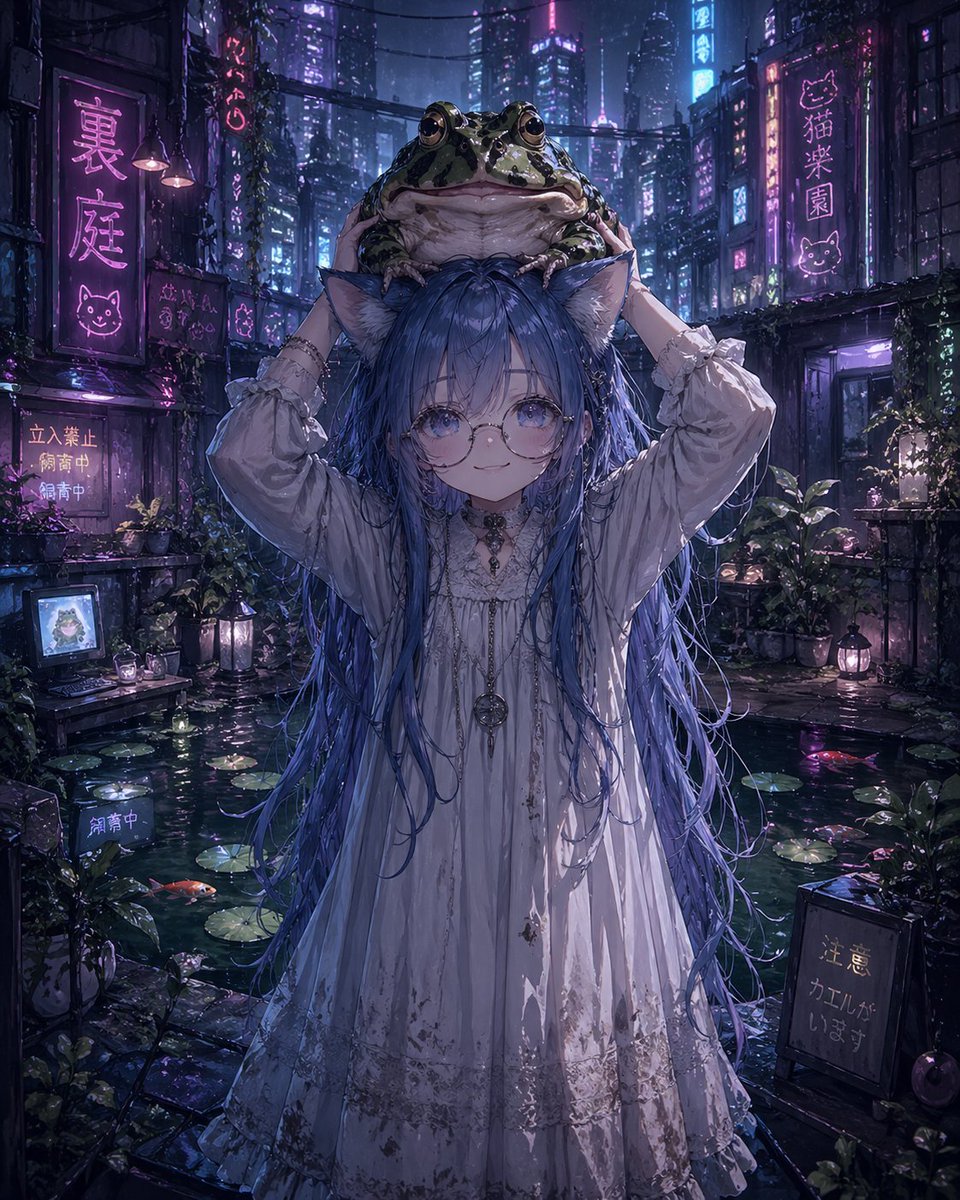 linear_ray's tweet image. ChatGPT版の新しいモデルのミケ・ツナちゃんと
裏庭の池のヌシ
ちゃんと蛙の種類を描いたら作ってくれるの
いいですね👍
＃ChatGPT #AIart #AIイラスト