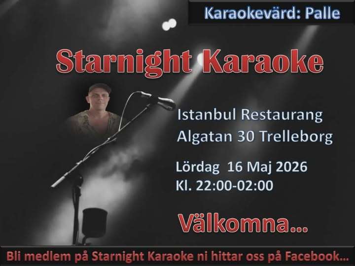 karaokeguidense's tweet image. 📍 Istanbul Restaurang, Trelleborg | Lördag 16 Maj kl 22:00 Gör er redo för en fantastisk Starnight Karaoke-kväll med Palle som karaokevärd på Istanbul Restaurang i Trelleborg! Det blir en oförglömlig kväll fylld med sång och glädje där alla får chansen… dlvr.it/TSGp3z