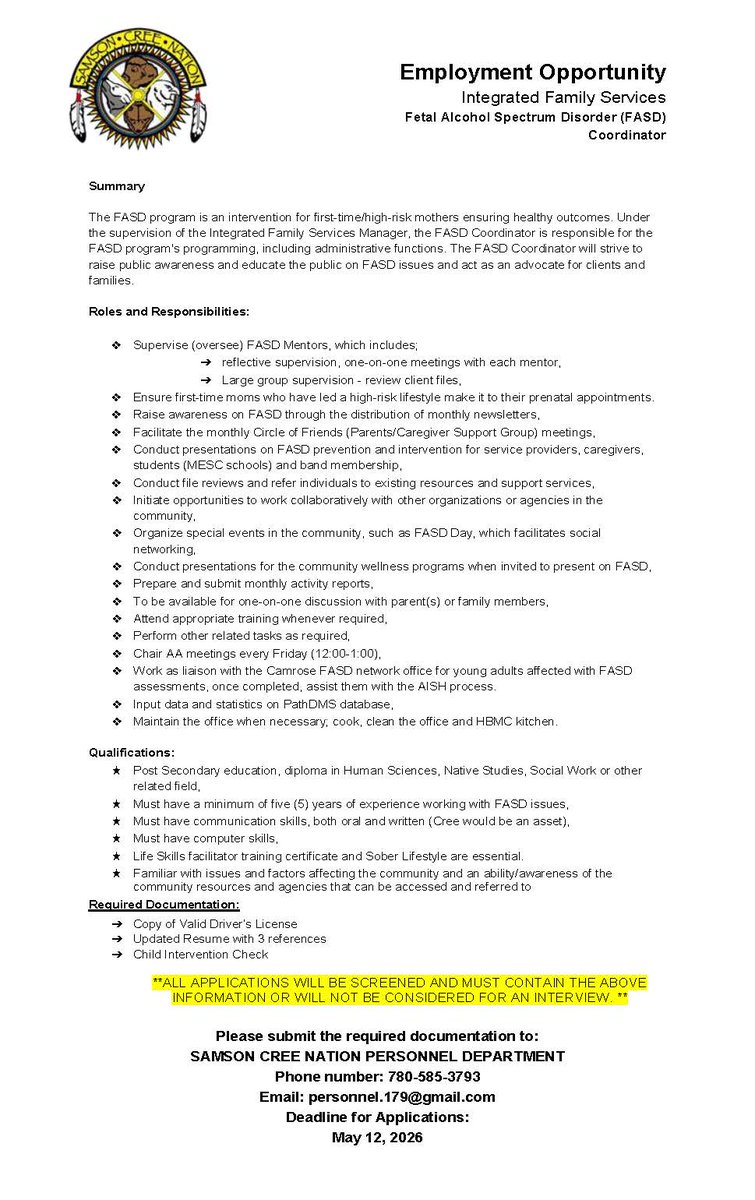 SamsonCree's tweet photo. 📢 Now Hiring: FASD Coordinator

Samson Integrated Family Services is seeking a dedicated FASD Coordinator to support community wellness initiatives.

📅 Apply by May 12, 2026 | 4:00 PM
📩 personnel.179@gmail.com
📩 kyle.s@samsoncree.com
#SamsonCreeNation #Maskwacis #NowHiring https://t.co/HWrW1PCPv6