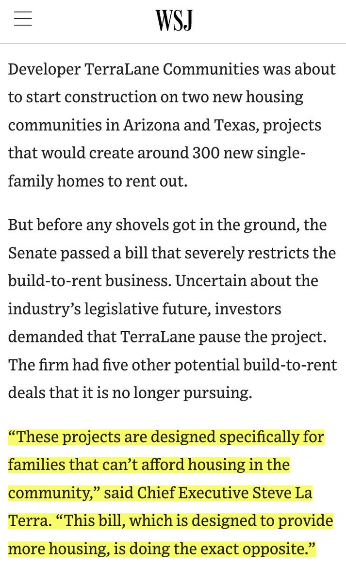 Nuking the build-to-rent housing industry doesn't help anyone and just makes the housing crisis worse.

Populists want to appear tough on institutional investors, but there are real direct costs to policies like this.

Really hope the House fixes this provision in conference.