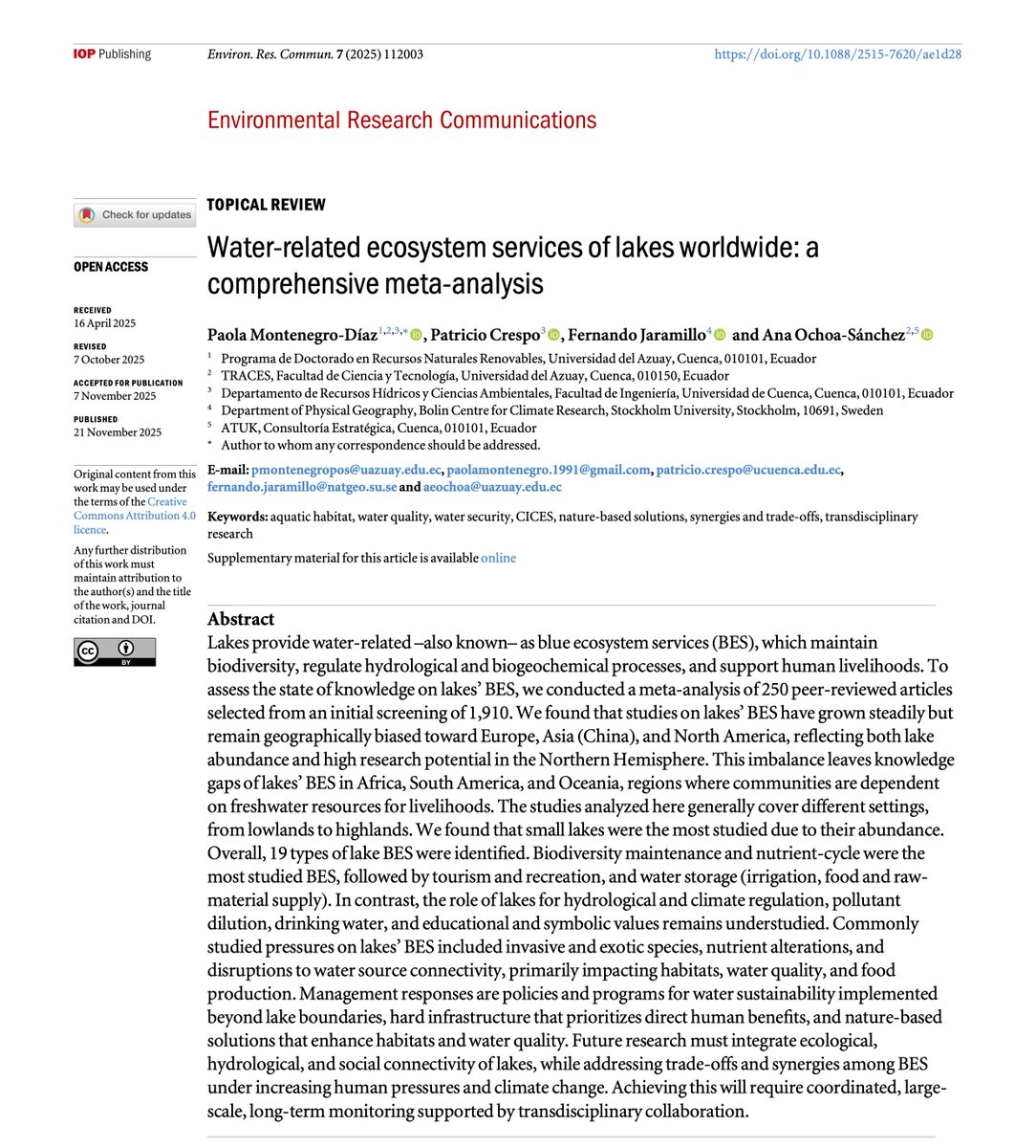 ATUK_ce's tweet photo. Nueva publicación 📢:

Water-related ecosystem services of lakes worldwide: a comprehensive meta-analysis

by #PMontenegro, #PCrespo, #FJaramillo, @AnaElizabeth8aS.

Acceso libre: https://t.co/C2rACoIzzD https://t.co/pVRkkoNfDX