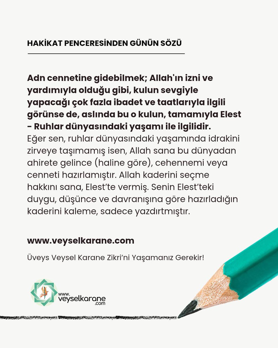 's tweet image. #BBB2
Diğer bir deyişle ruhlar dünyasında nasıl bir yaşam ve yaşamın getirdiği idrake sahipsen, bu dünyada da ahret hayatında da o yaşantıya sahip olacaksın. 

Üveys Veysel Karane Zikri'ni Yaşamanız Gerekir!
Yaşa ve Gör!
veyselkarane.com
#islam #dua #zikir #veyselkarane