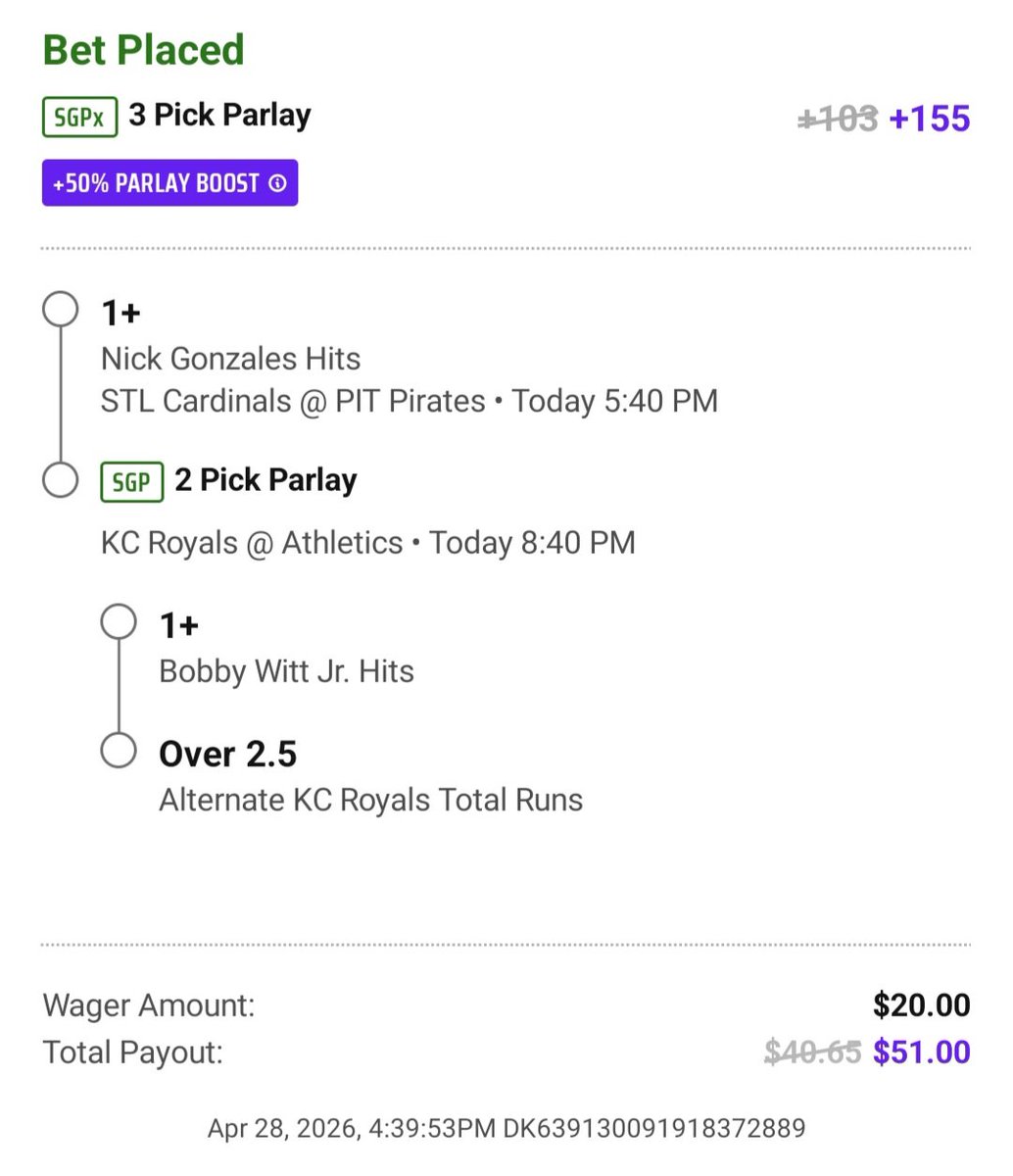 TIMMYonTILT's tweet image. MLB 50% SGP Boost on DraftKings! Bet 2 units to win 3.1 units. #Gambling𝕏 #DraftKings #MLB