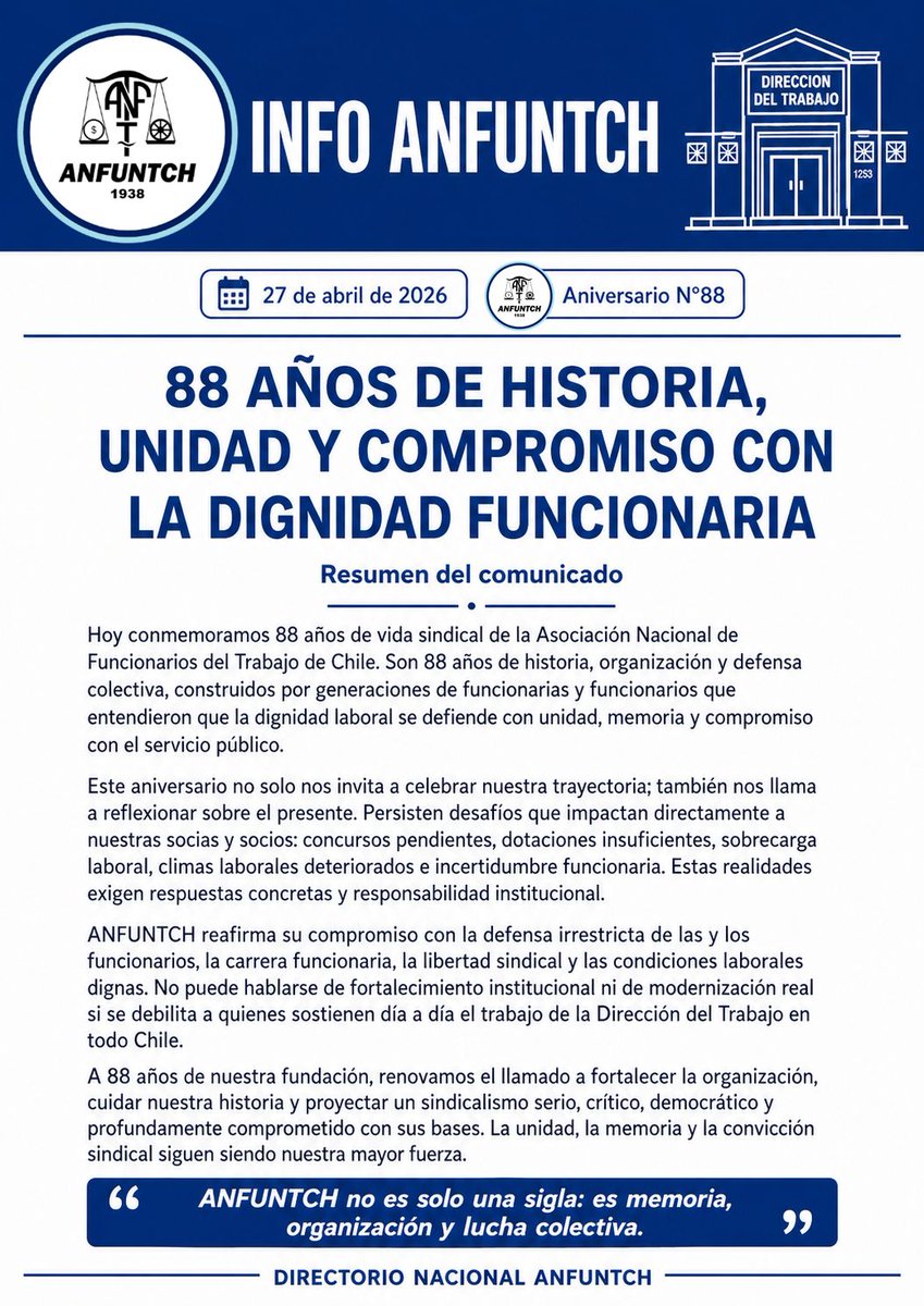 COMUNICADO ANFUNTCH: 88 años de historia, unidad y compromiso con la dignidad funcionaria