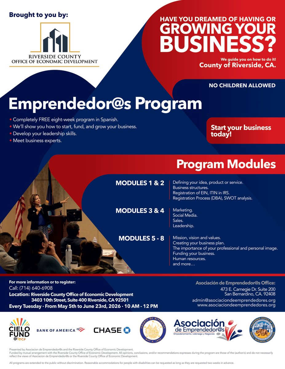 RivCoED's tweet photo. RivCoED is launching its next Emprendedor@s 8 week Spanish language business program, held in-person at RivCoED’s Business Conference Room in downtown Riverside.

Register at https://t.co/Obp0SA1unf https://t.co/u706BReIM9
