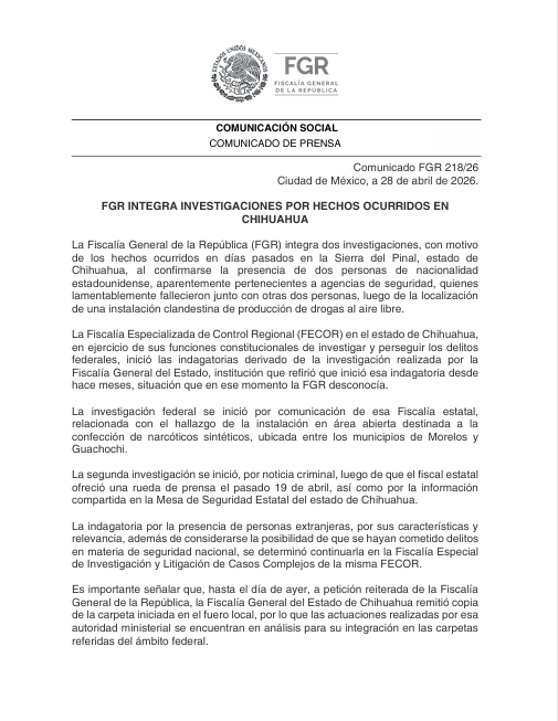AztecaNoticias's tweet image. 🚨 La @FGRMexico abrió 2 investigaciones tras el hallazgo de un narcolaboratorio en #Chihuahua, donde participaron 2 agentes de #EU. 

Se indaga si hubo delitos en materia de seguridad nacional y se busca deslindar responsabilidades por la presencia de extranjeros en operaciones