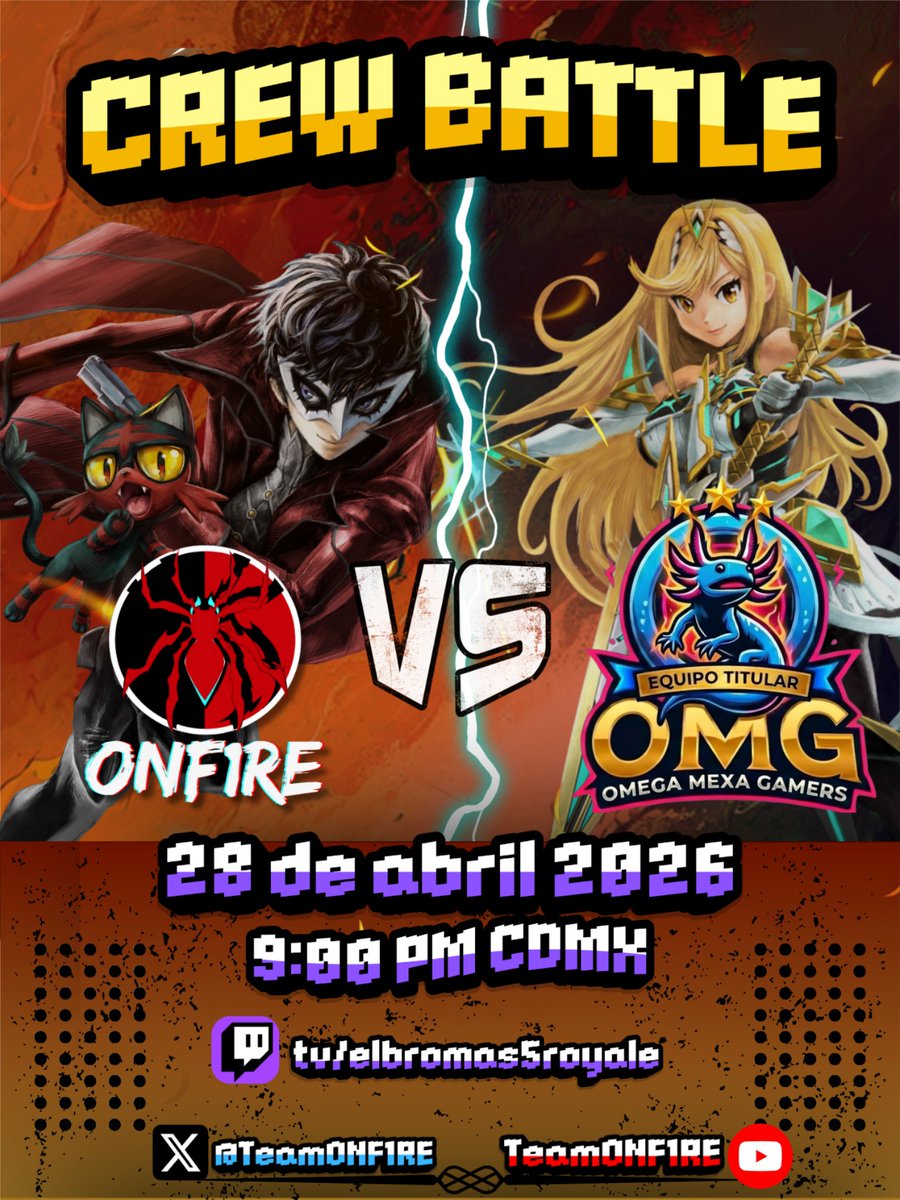 TeamONF1RE's tweet image. No se vayan a perder hoy La Crew Battle entre OF1 VS OMG a las 9 pm CDMX, en su canal de confianza.🔥💥

twitch.tv/elbromas5royale

#smashultimate #ssbu #Nintendo #Crewbattle #Nintendoswitch #gaming