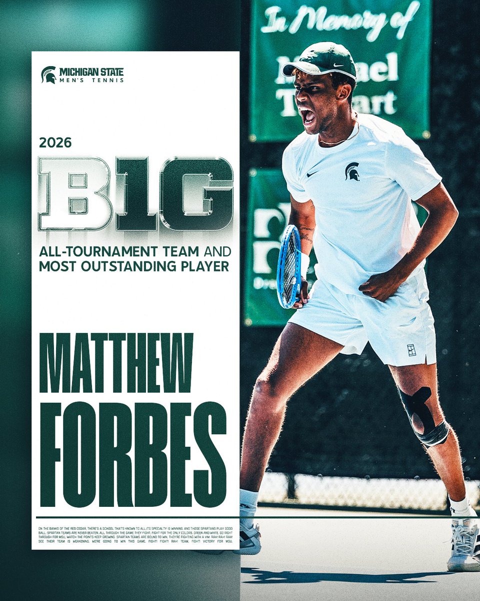 MSU_MTennis's tweet image. ICYMI amongst all the B1G Championship celebrations &amp;amp; NCAA Tournament prep... 🎾🎉

Ozan Baris &amp;amp; Matthew Forbes were both named to the B1G All-Tournament team ... Forbes also collected the tournament's Most Outstanding Player award!! 

Read more:
sprtns.co/4vV9Ar0

#GoGreen