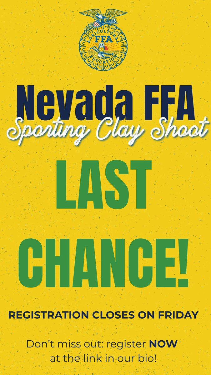 NVFFA's tweet photo. ⏳ Last call! Registration for the Nevada FFA Foundation Sporting Clay Shoot closes Friday, May 29th — limited spots remaining! June 6 | Eureka, NV. Theme: Favorite Sport 👟 Rep your team and come ready to shoot! Register at the link in bio! https://t.co/jdaVkAwrs6