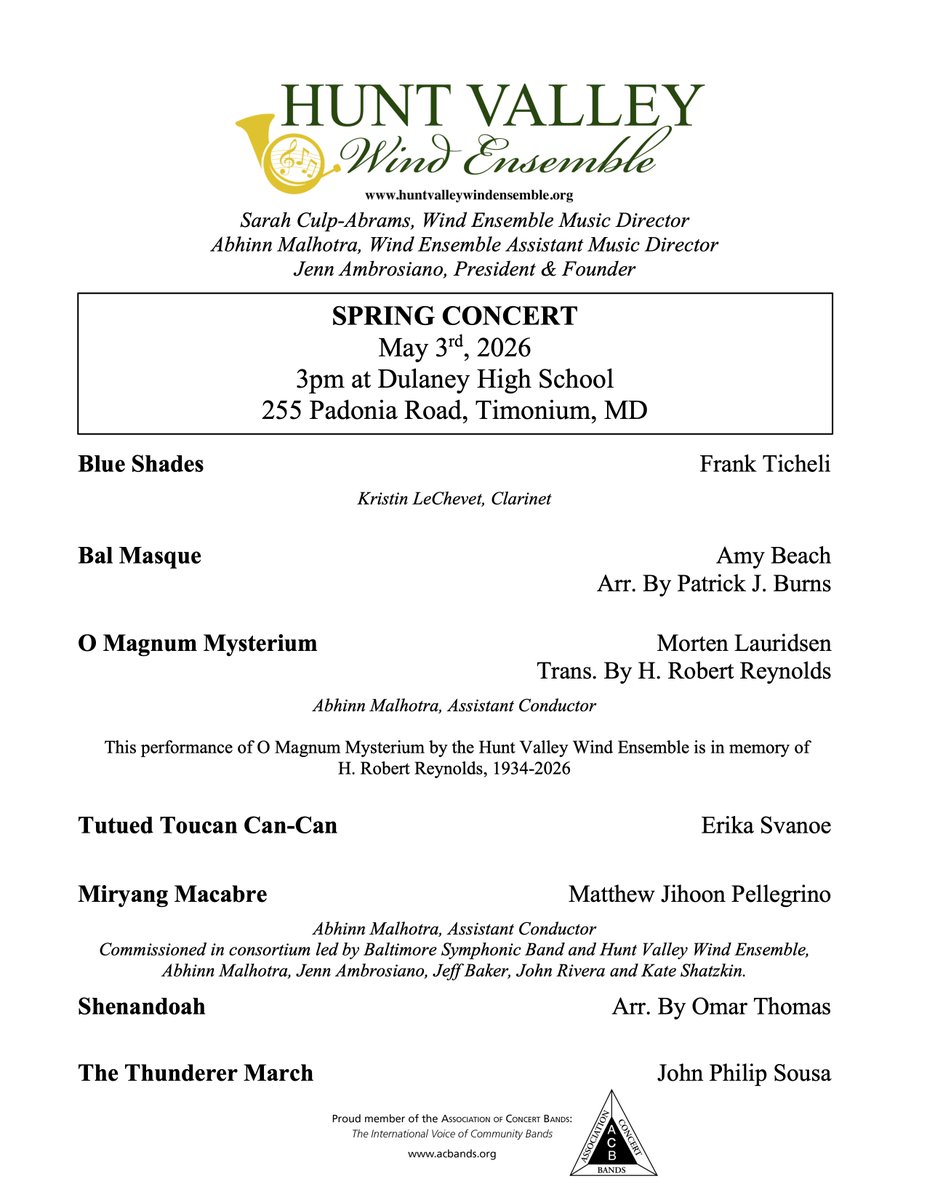 HVWindEnsemble's tweet photo. Missed our performance at the Association for Concert Bands Convention last week? Here’s your second chance to catch the encore!    

Join us on May 3 at 3 PM at Dulaney High School. 
Admission is FREE, and donations are gratefully appreciated. 

We would love to see you there! https://t.co/A0GIQNHlyE