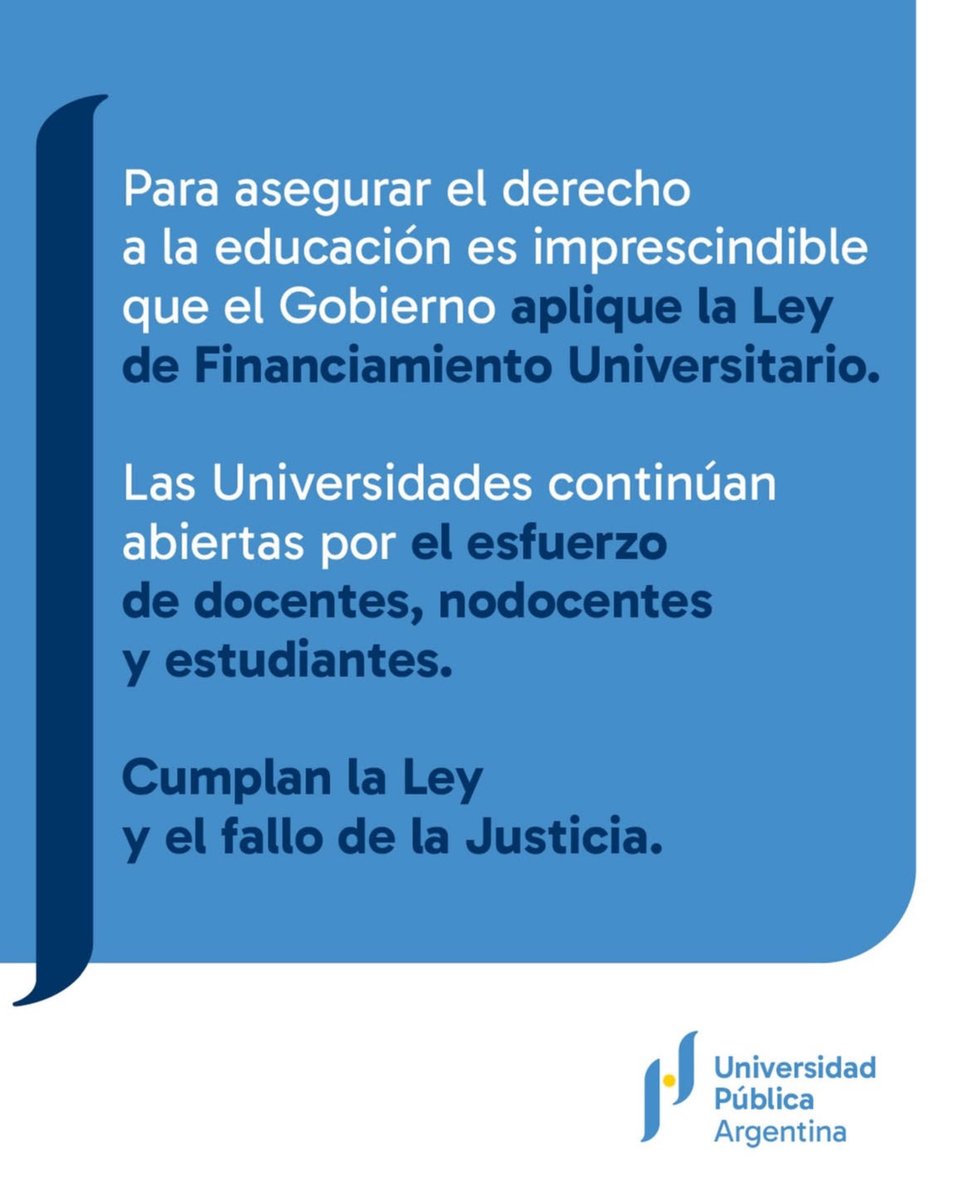 rectoraunmdp's tweet photo. Si el Gobierno nacional quiere garantizar el derecho a la educación, debe cumplir la Ley de Financiamiento Universitario sancionada y ratificada por el Congreso hace seis meses. La situación de la #UNMDP y del sistema universitario es grave. Defendamos la universidad pública. https://t.co/Zdlzq0bW5Q